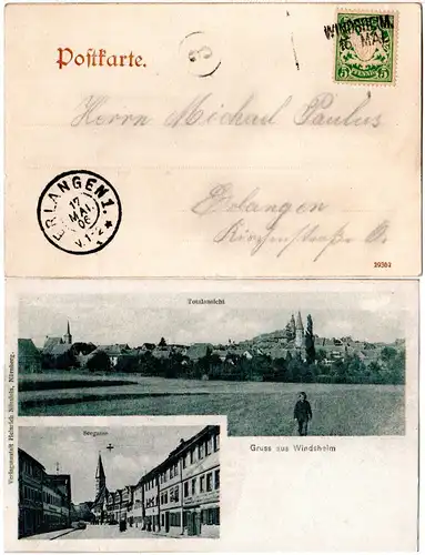 Bayern 1906, L2-Aushilfstpl. WINDSHEIM auf Gruss aus-AK m. 5 Pf.