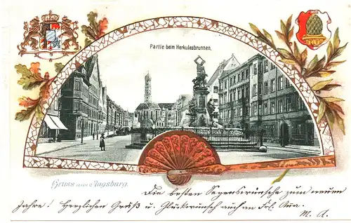 Augsburg, Partie b. Herkulesbrunnen, 1900 gebr. Farb-Präge-AK.
