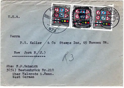 BRD 1966, MeF 3x5 Pf. Verkehrsaustellung auf Drucksache v. Bad Kissingen n. USA