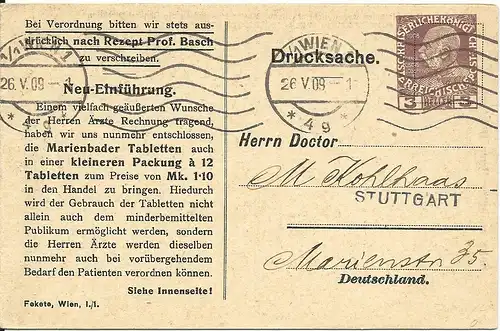 Österreich 1909, gebr. 3 H. Privat Ganzsache Doppelkarte Marienbader Tabletten