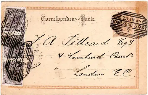 Österreich 1897, 3x1 Kr. als Zusatzfr. auf 2 Kr. Ganzsache v. KARLSBAD STADT 