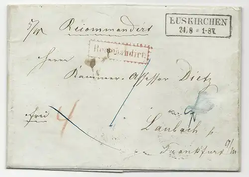 Preussen 1859, R2 Euskirchen auf Einschreiben Brief n. Laubach, Taxis Gebiet