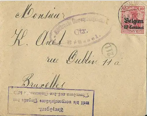Belgien 1915, 10 C. auf Brief v. Tamines m. Zensur u. VERZÖGERT... Stempel