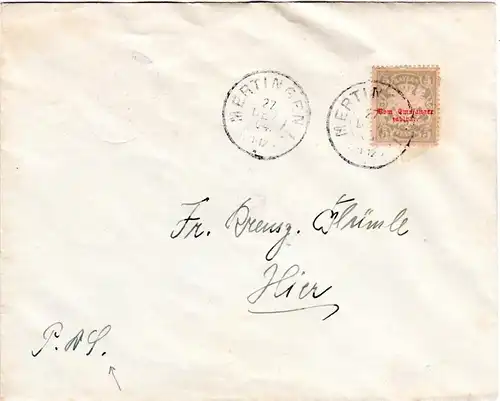 Bayern 1904, 5 Pf. Portomarke auf Postdienstsache Orts-Brief v. MERTINGEN
