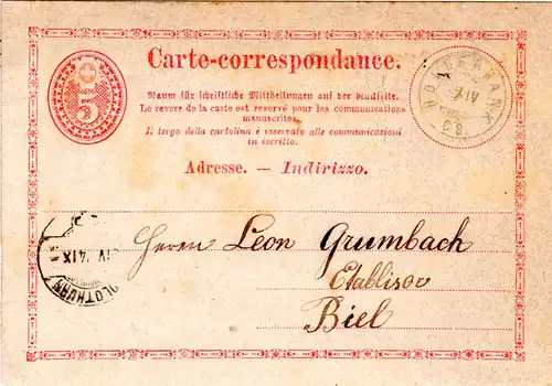 Schweiz 1874, Zwerg Stpl. Holderbank C.S. auf 5 C. Ganzsache n. Biel.