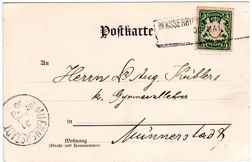 Bayern 1899, L2-Aushilfsstpl. WASSERBURG a. INN auf Karte m. 5 Pf.