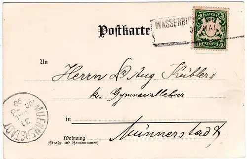 Bayern 1899, L2-Aushilfstpl. WASSERBURG a. INN auf Karte m. 5 Pf.