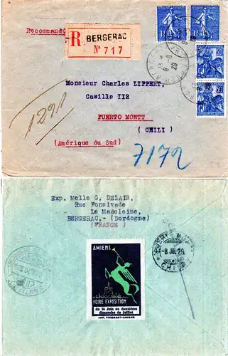 Frankreich 1929, 2x1 Fr.+2x50 C. auf Einschreiben Brief v. Bergerac n. Chile