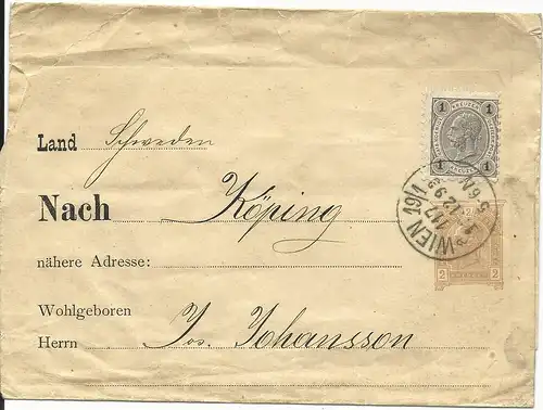 Österreich 1893, 1 Kr. auf 2 Kr. Streifband m. Zudruck v. Wien n. Schweden