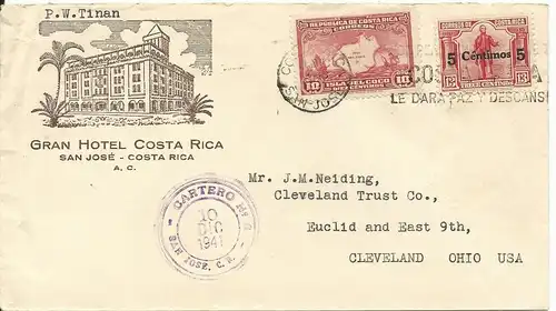 Costa Rica 1941, 5/13+10 C. auf Hotel Brief v. San José m. Cartero 6 -Stpl.