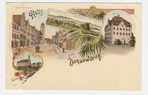 Gruss aus Donauwörth, u.a. Schellenberg, Rathaus, ungebr. Litho-AK