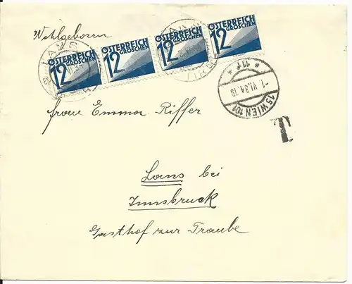 Österreich 1934, 4x12 Gr. Porto auf Brief v. Wien n. LANS b. Innsbruck