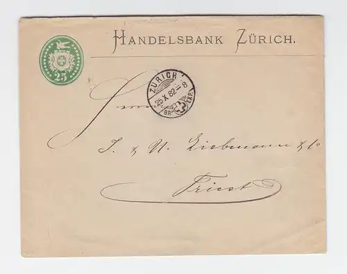 Schweiz 1882, 25 C. Ganzsache Brief d. Handelsbank Zürich n. Triest Österreich.