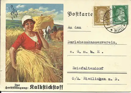 DR 1927, 3+5 Pf. auf bunter Kalkstickstoff Reklamekarte v. Riedlingen
