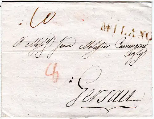 Lombardei 1820, L1 MILANO klar auf Porto Brief n. Gersau, Schweiz