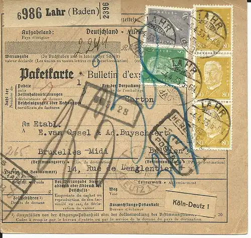 DR 1933, 5+20+3x80 Pf. auf Paketkarte v. Lahr n. Belgien