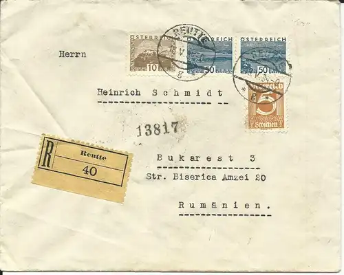 Österreich 1934, 5+10+ Paar 50 Gr. auf Einschreiben Brief v. Reutte n. Rumänien