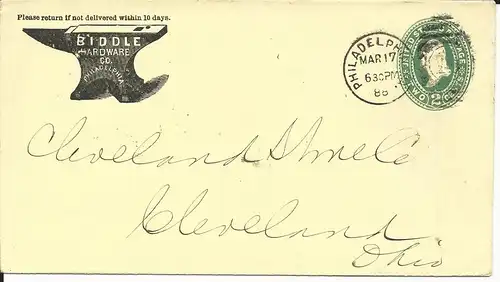 USA 1888, 2 C. Ganzsachen Umschlag v. Philadelphia m. Abbildung Amboss