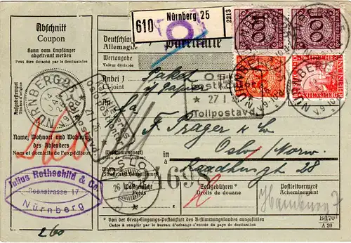 DR 1926, 10+50+2x100 Pf. auf Paketkarte v. Nürnberg n. Norwegen.