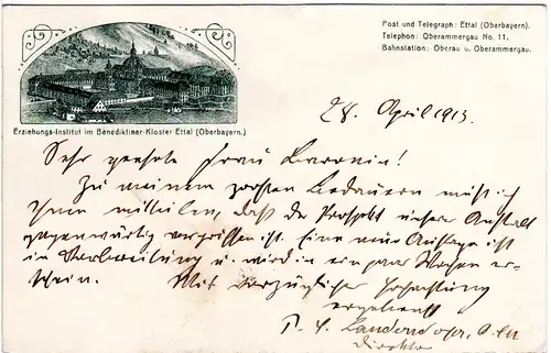 ETTAL, Erziehungs-Institut im Benediktiner Kloster 1913 gebr. sw-AK