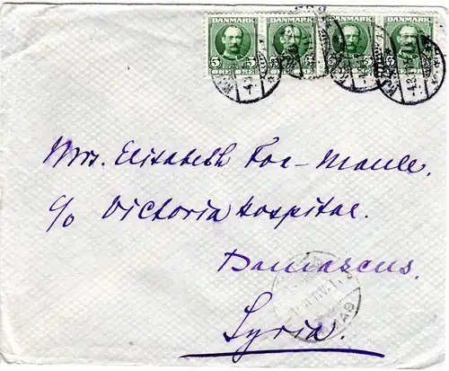 Dänemark 1911, 4er-Streifen 5 öre auf Brief v. Kopenhagen n. Damascus Syrien