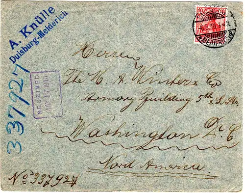 DR 1910, EF 10 Pf. auf Brief v. Duisburg n. USA. Sogenanannter Schnellster Weg
