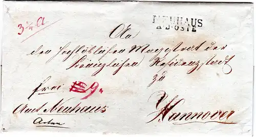 Hannover 1839, L2 NEUHAUS A.D.OSTE auf Franko Brief m. Vermerk "3 1/4 lt"