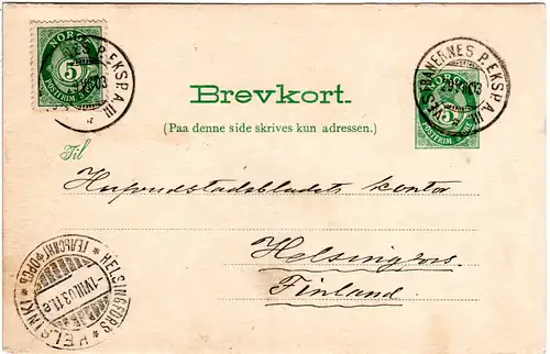 Norwegen 1905, 5 öre Zusatzfr. auf 5 öre Ganzsache m. Bahnpost Stpl. n. Finnland
