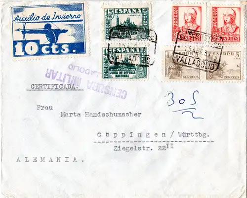 Spanien 1937, 6 Marken + 10 C. Winterhilfe auf Einschreiben Brief v. Valladolid