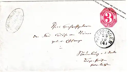 Württemberg, Göppingen Postablage Boll-Bad auf 3 Kr. Ganzsache Brief n. Naumburg