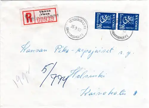 Finnland 1950, VETOKANNASHI, überstempelter Not Reko Zettel auf Brief m. 2x20 P.