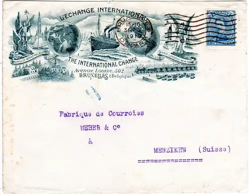 Belgien 1919, 25 C. auf illustriertem Umschlag L`Echange International Bruxelles