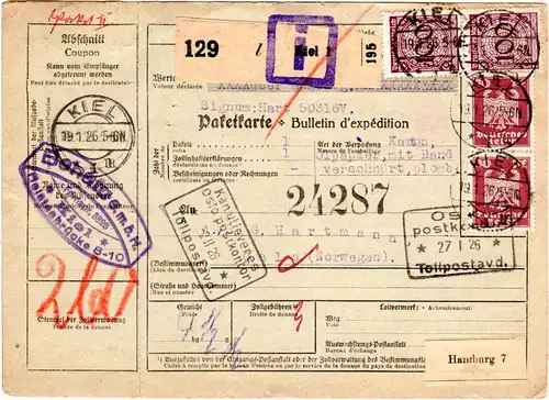 DR 1926, 2x40+2x100 Pf. auf Paketkarte v. KIEL n. Norwegen.