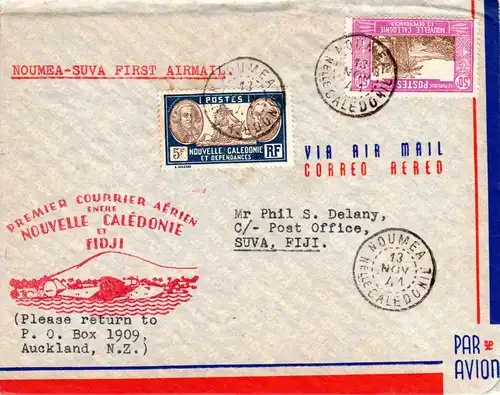 Nouvelle Caledonie 1941, Erstflug Brief NOUMEA-SUVA Fiji Inseln