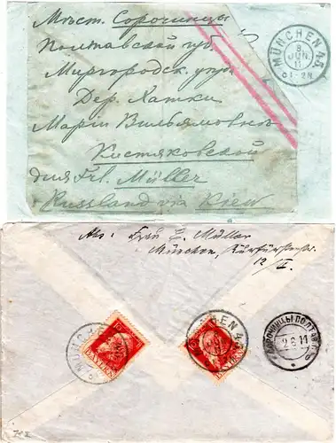 Bayern 1911, 2x10 Pf. Luitpold rücks. auf Brief v. München 45 n. Russland