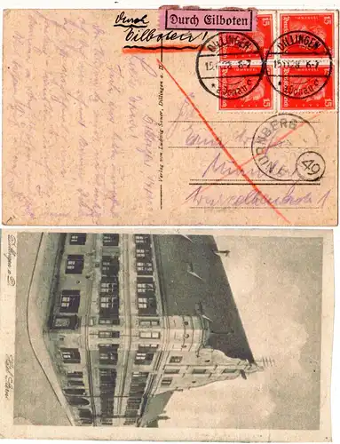 DR 1928, MeF 4x15 Pf. Kant auf Eilboten Postkarte v. DILLINGEN a. Donau