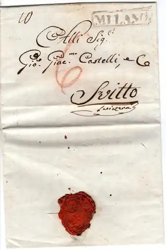 Lombardei 1822, R1 MILANO auf Porto Brief n. Svitto Schwyz, Schweiz