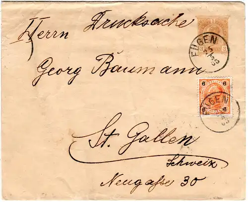 Österreich 1903, 6 H. Zusatzfrankatur auf 3 H. Streifband Ganzsache v. FÜGEN