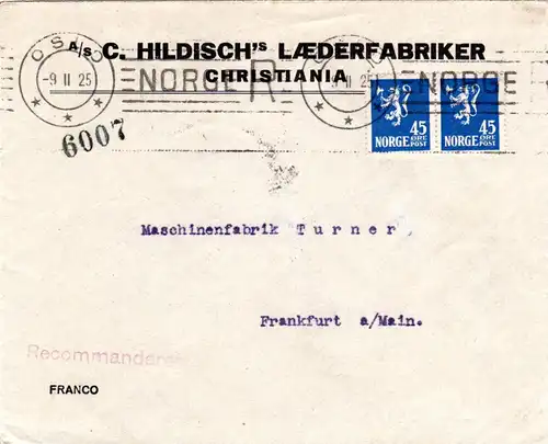 Norwegen 1925, MeF Paar 45 öre auf Brief m. Reko Maschinenstempel v. Oslo