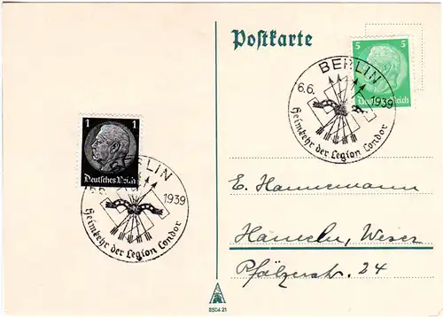 DR 1939, Heimkehr der Legion Condor, Berlin Sonder Stpl. auf Karte m. 1+5 Pf.