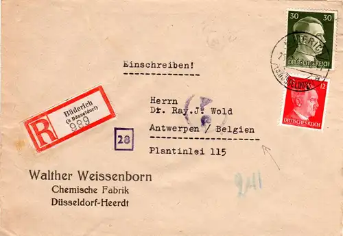 DR 1943, 12+30 Pf. auf Reko Zensur Brief v. Büderich n. Belgien. Europaporto!