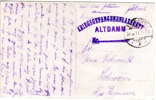DR 1917, KGF POW Karte v. Kriegsgefangenenlazarett Altdamm n. Schwerin