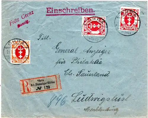 Danzig 1922, 1+2x2 Mk. auf Einschreiben Brief v. OHRA Kr. Danziger Höhe