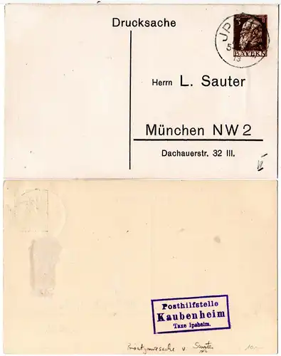Bayern 1913, Posthilfstelle KAUBENHEIM Taxe Ipsheim auf Sauter Privatganzsache