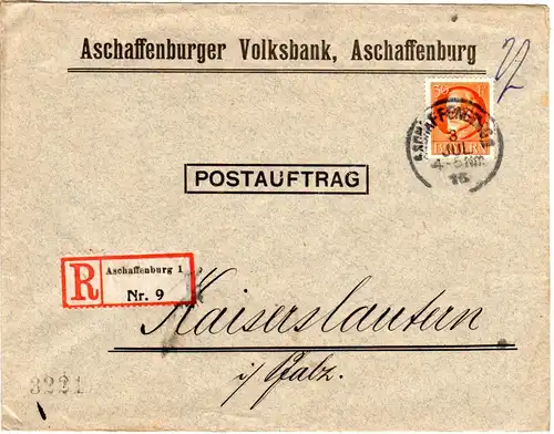 Bayern 1916, EF 30 Pf. Friedensdruck auf Reko Postauftrag v. ASCHAFFENBURG