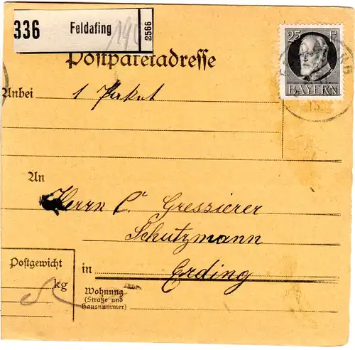 Bayern 1915, EF 25 Pf. Friedensdruck auf Paketkarte v. FELDAFING. Geprüft