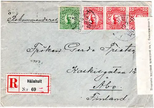 Schweden 1917, 5+3x10 öre auf Einschreiben Zensur Brief v. HALAHULT n. Finnland.