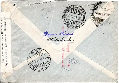 Schweden 1917, 5+3x10 öre auf Einschreiben Zensur Brief v. HALAHULT n. Finnland.