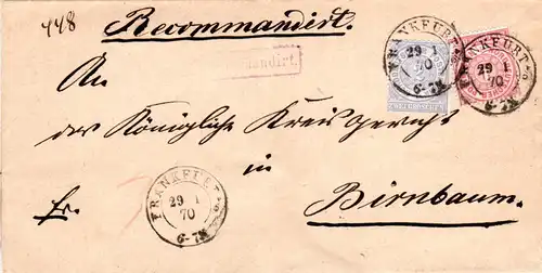 NDP 1870, 1+2 Gr. auf Einschreiben Brief m. K2 FRANKFURT A/O u. viol. Reko-Stpl.