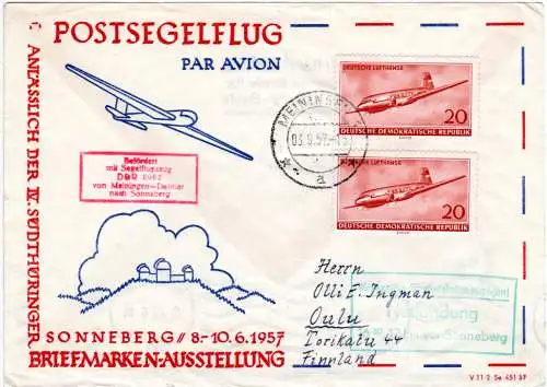 DDR 1957, Post Segelflug Brief  Meiningen-Sonneberg n. Finnland m. Notlandung 